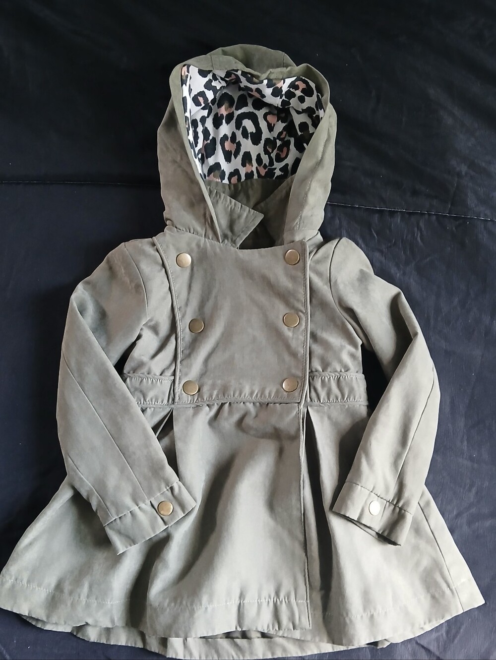 Tahari Girls Olive Green Hooded Coat with Leopard Lining
